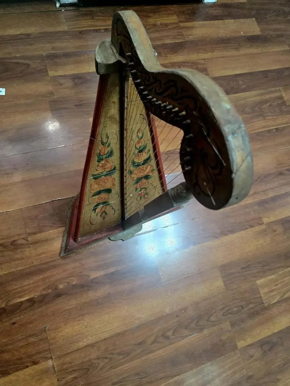 Antique 19thC Folk Art Table Harp Painted Lap Harp Zither Celtic Parlor Instrume